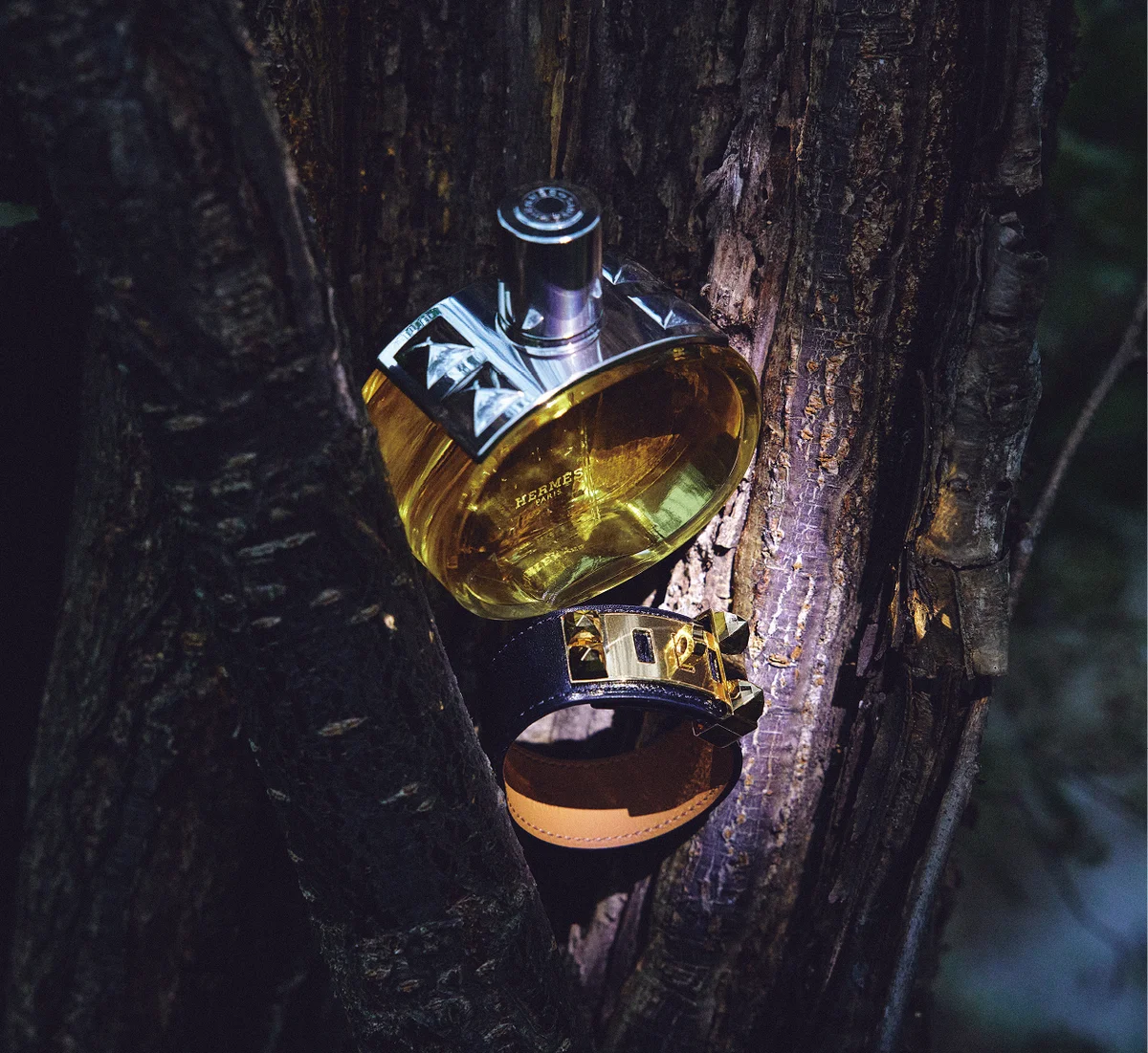 バレニア オードパルファム アンタンス（100㎖）￥27,610・ブレスレット「コリエ・ド・シアン・ディスコ・フォーブル」〈レザー、メタル〉￥266,200／エルメスジャポン（エルメス）