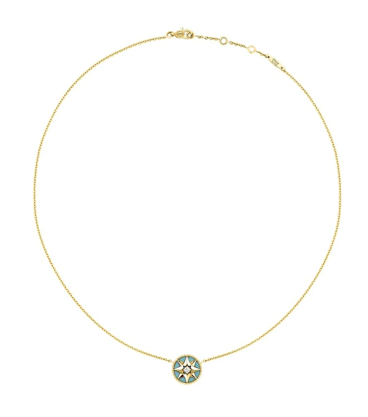 ディオールの「ローズ デ ヴァン」のネックレス。幸運のモチーフとターコイズの共演