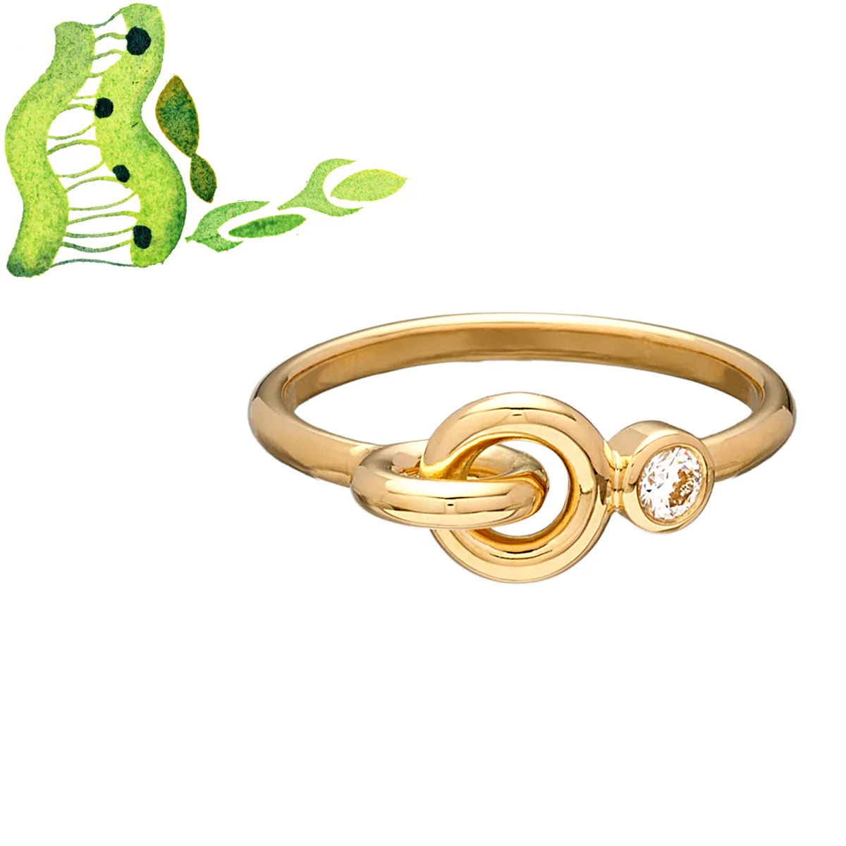 シャルロット シェネの「Twin」リング。18Kイエローゴールドのふたつの輪っかが繋がり、その隣には１石のダイヤモンドが清らかに光り輝く