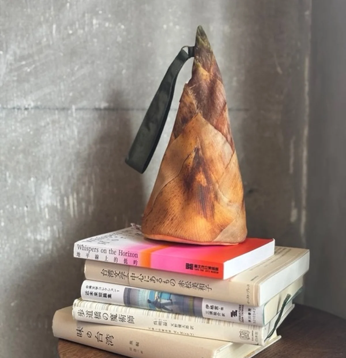 リアルな筍の形をした布製ポーチ。台湾文学の書籍とともに