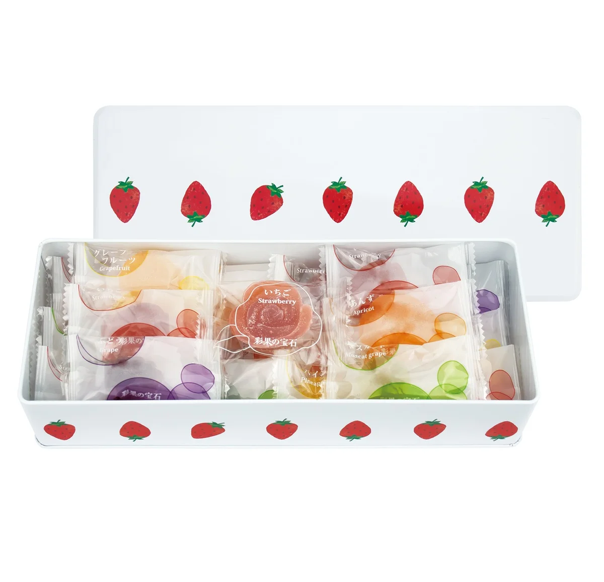 キュートないちご缶の中には、いちごの花ゼリーのほか、ももやりんご、ラズベリーなど15種20個のフルーツゼリーが入っている