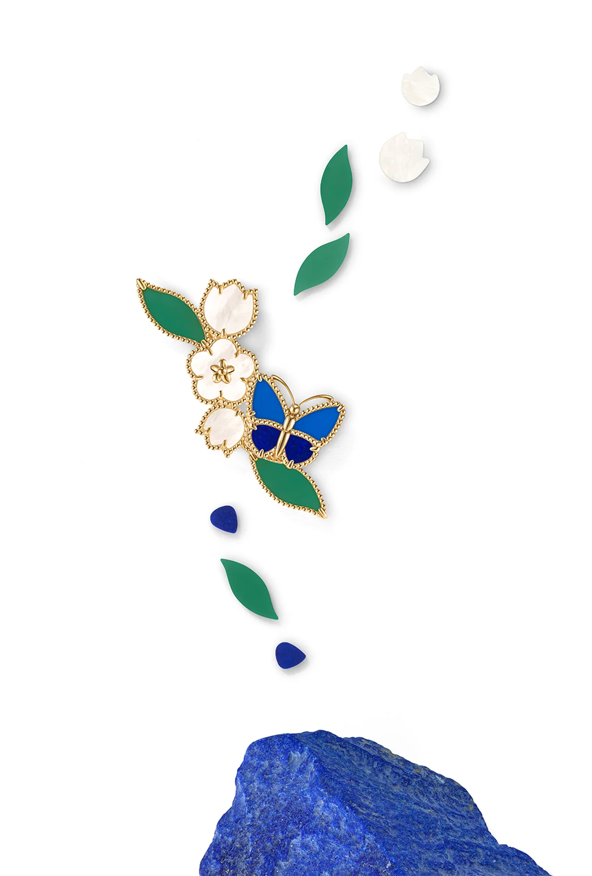 「ラッキー スプリング パピヨン」クリップ〈YG、ラピスラズリ、ブルーアゲート、グリーンアゲート、ホワイトマザーオブパール〉¥1,491,600