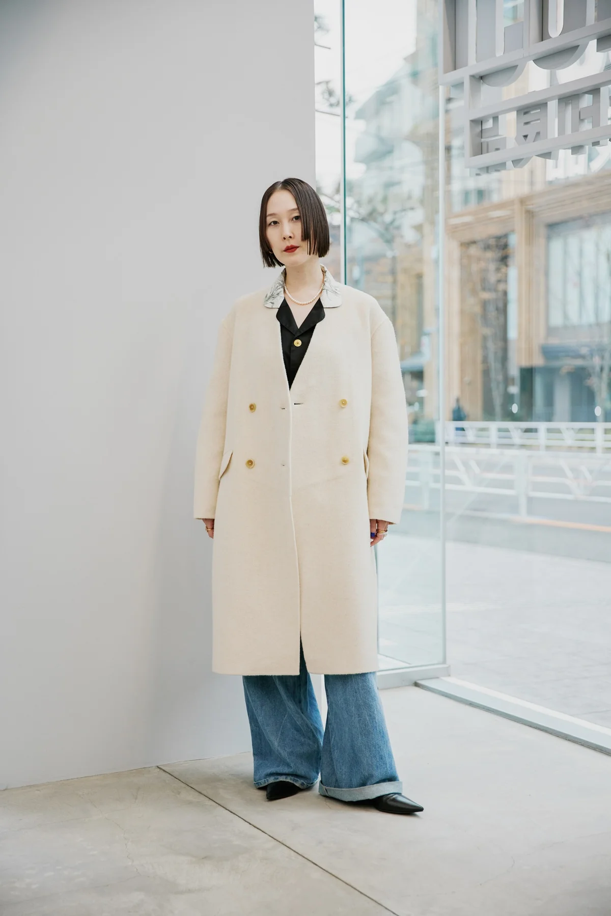 MUJI Laboカシミヤ混ダブルブレストコート。スタイリストの私服でコーディネート