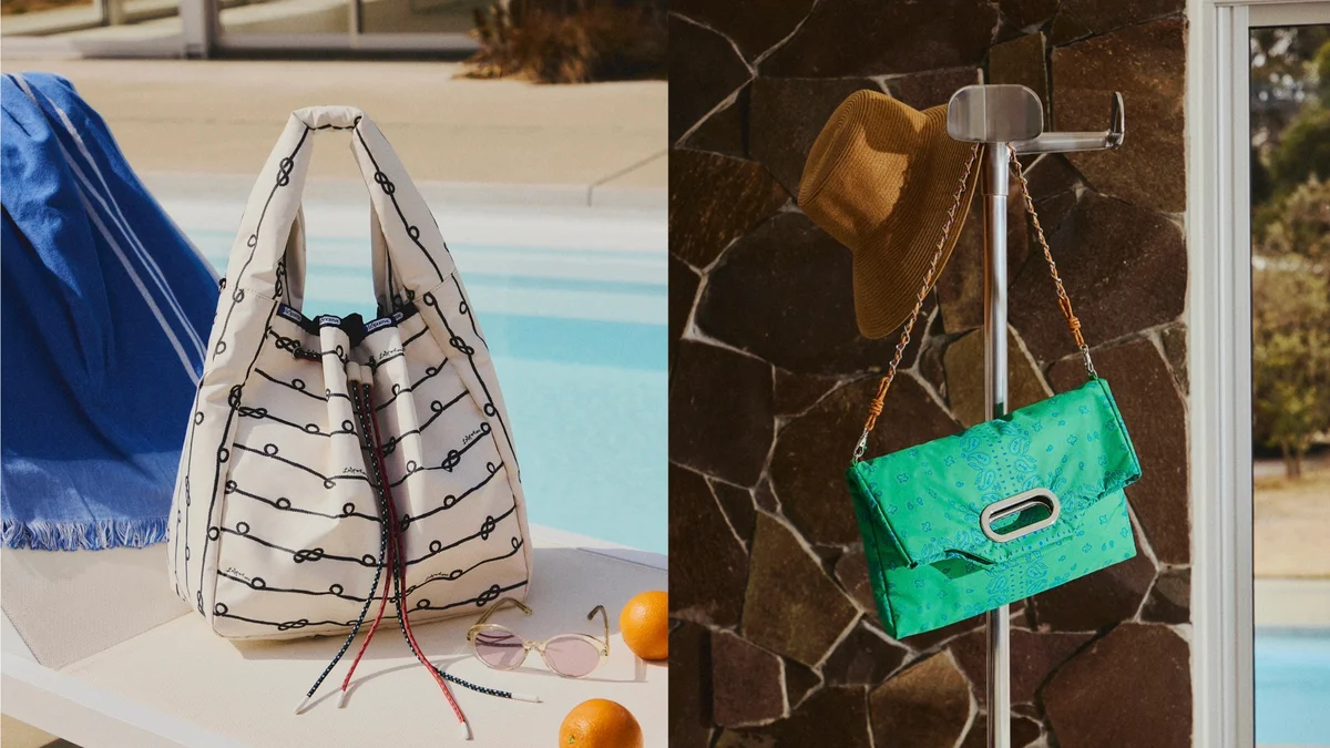 「LeSportsac Atelier(レスポートサック アトリエ)」の2026年春夏コレクションのバッグ「DBL Drawst Marche Bag」、「Fold Tote Bag」