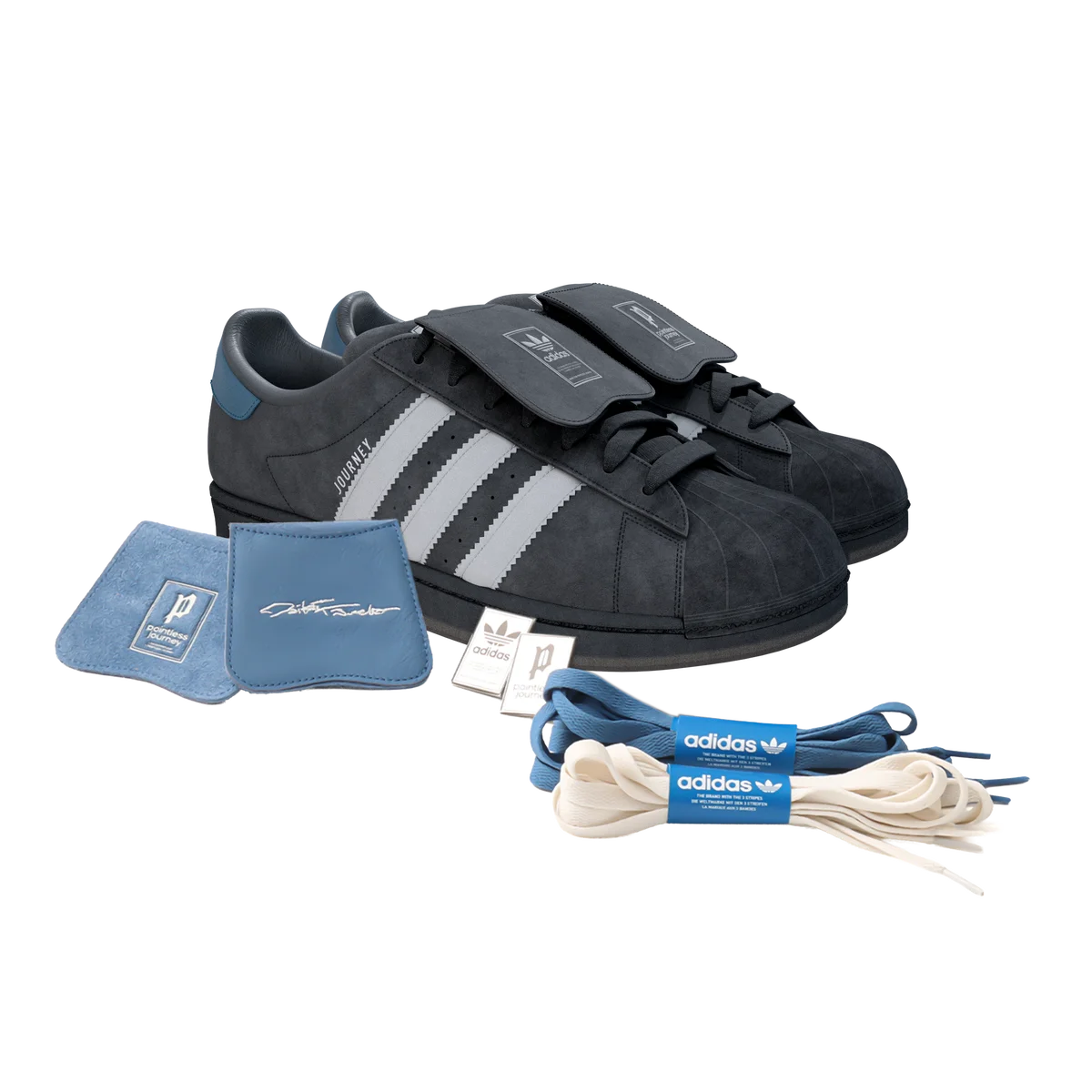 常田大希が主宰するPOINTLESS JOURNEYと adidas Originals × atmos コラボスニーカーSUPERSTARの付属品セット