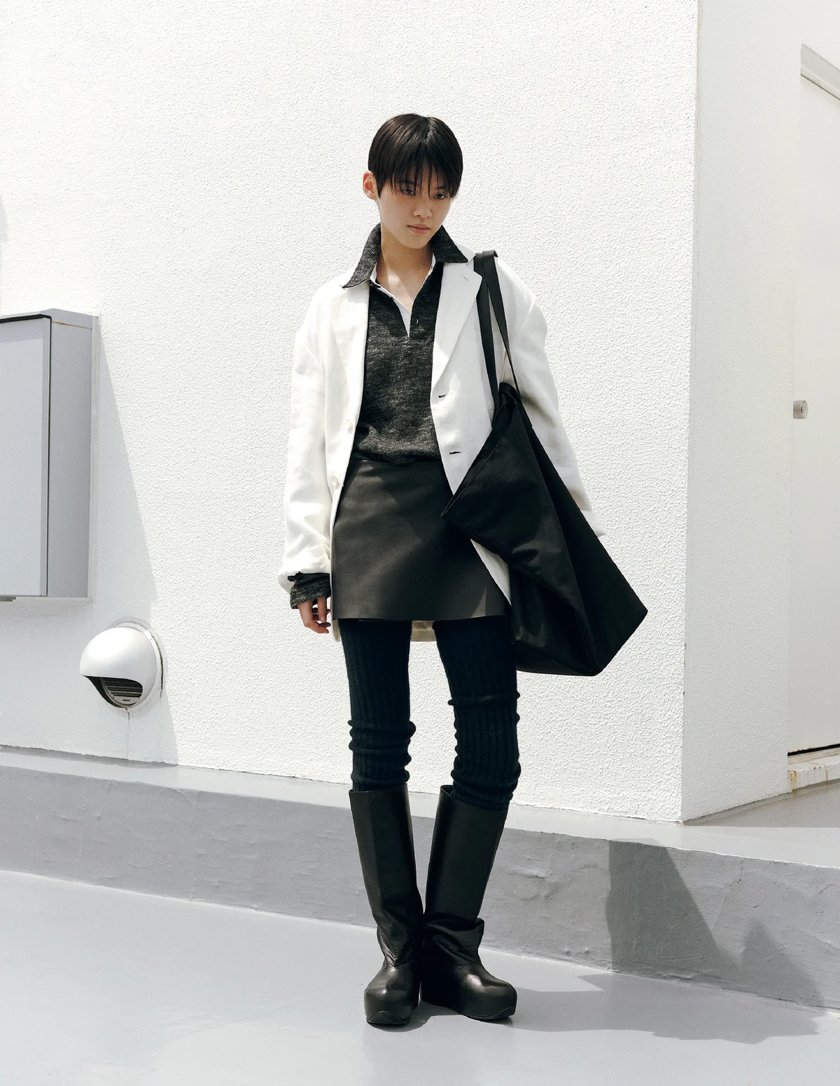 Jacket_pillings Top_Call Skirt & Leg Warmers_COMOLI Bag_Aeta Boots_HARUNOBUMURATA