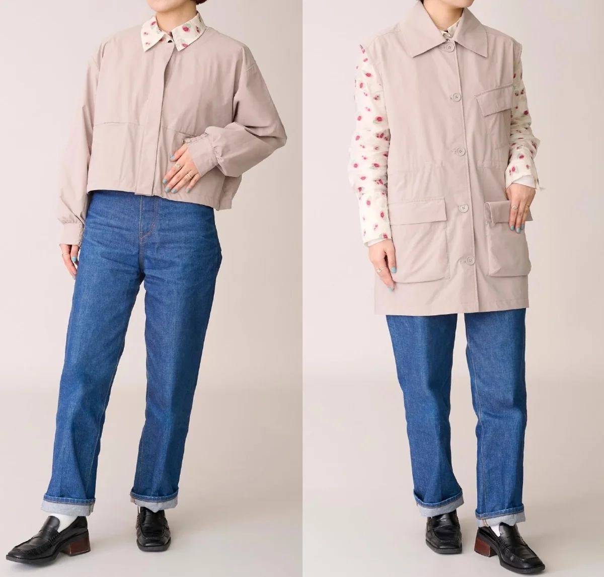 左がエアロクラスターポケットブルゾン 、右がエアロクラスターポケットベストを着用したカット。いずれもワークマン。