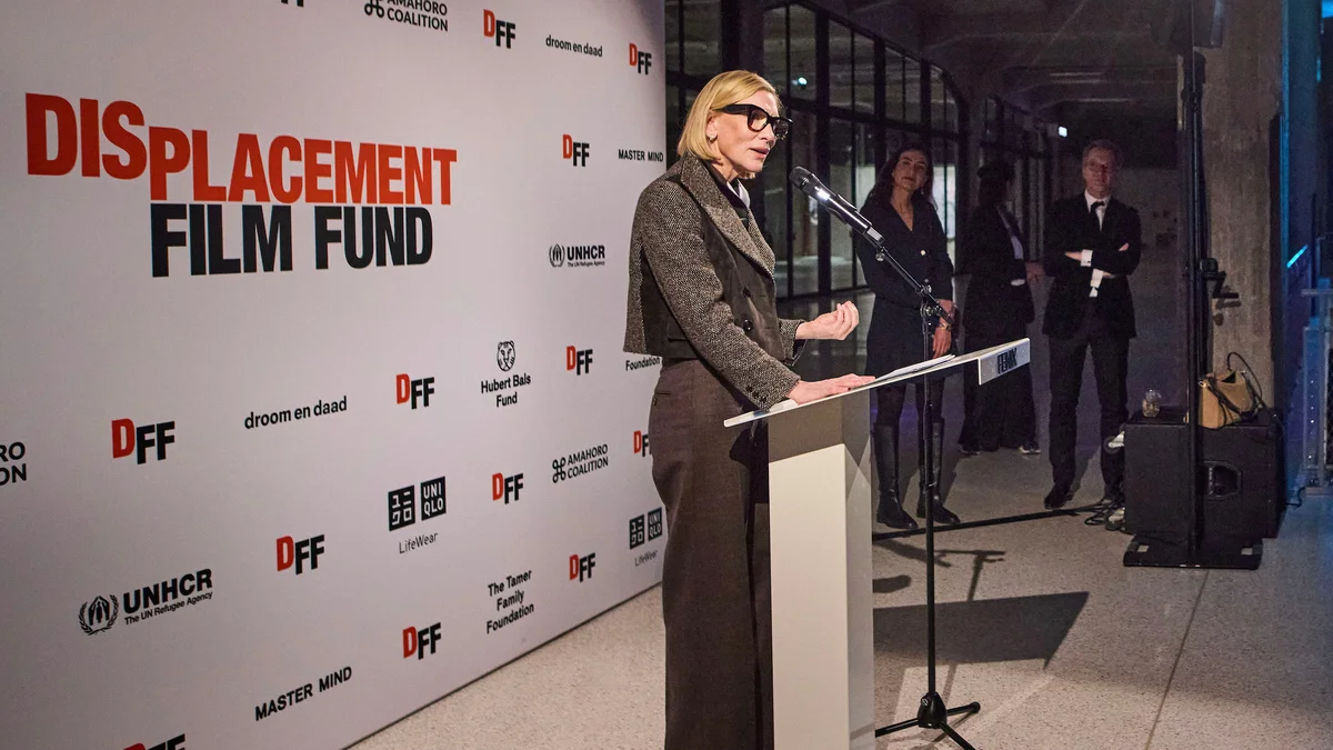 ロッテルダム国際映画祭で開かれた、難民映画基金の記者発表会で話すケイト・ブランシェットさん