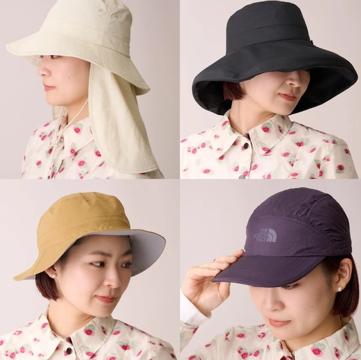 花粉対策にもなる帽子4点の着用まとめカット