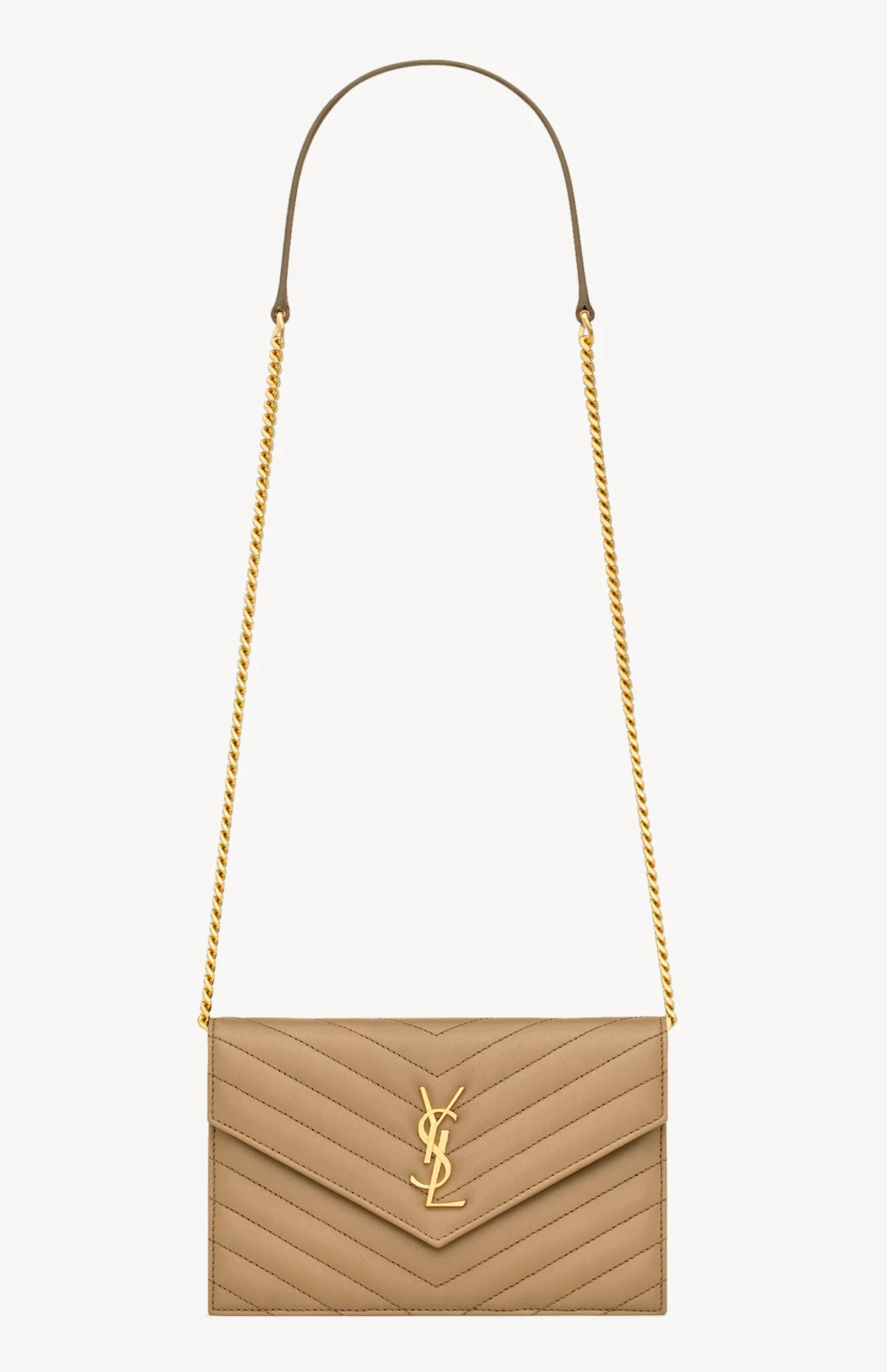 SAINT LAURENT　カサンドラマトラッセ　サンローラン　エンベロープチェーンウォレット ナチュラルタン