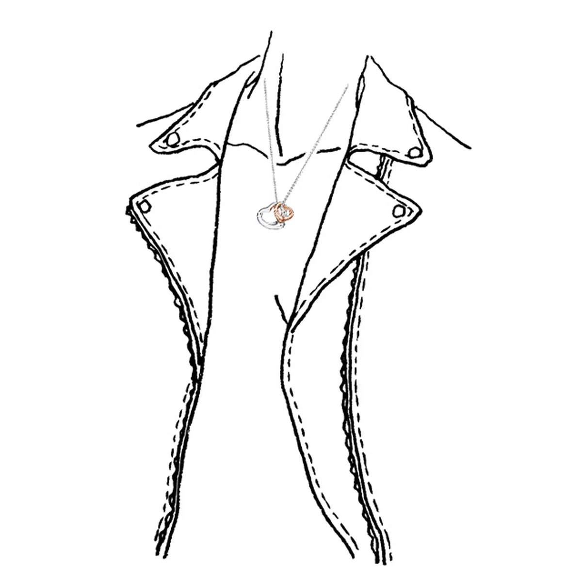 ティファニーのオープンハート、ペンダントを着用したイラスト。あえてエッジを効かせたトップスと合わせても粋な着こなしに。