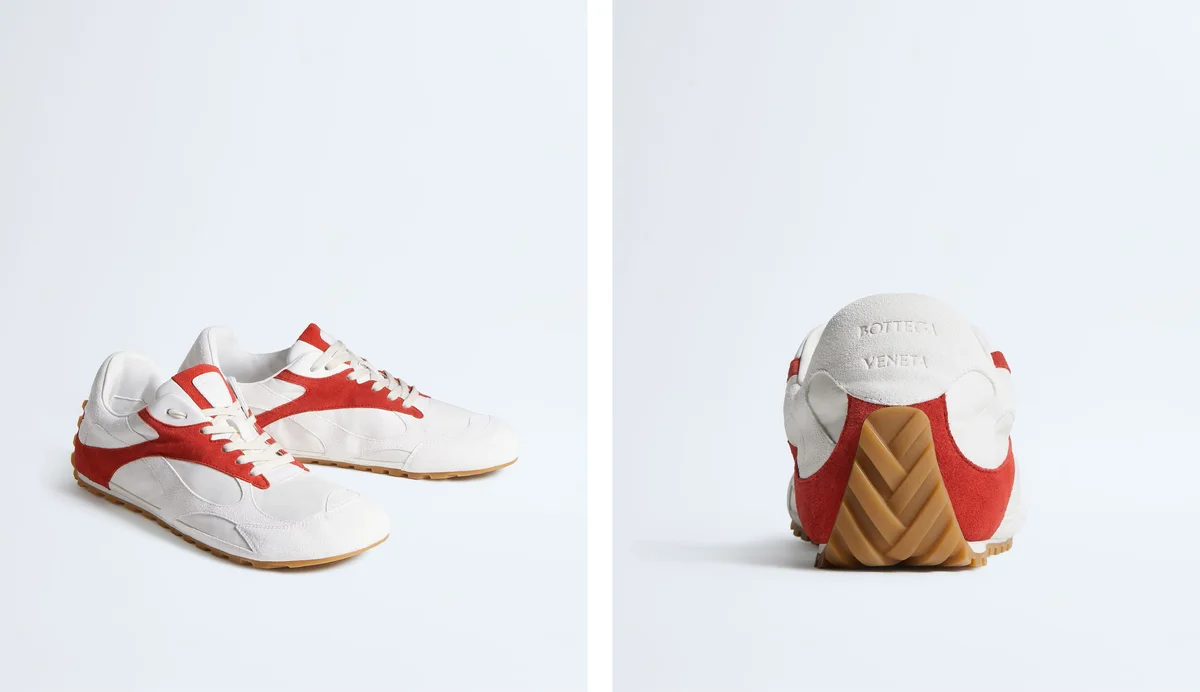 ボッテガ・ヴェネタのオービット フラッシュ スニーカー2026年夏の新色、オプティックホワイト/カーディナル