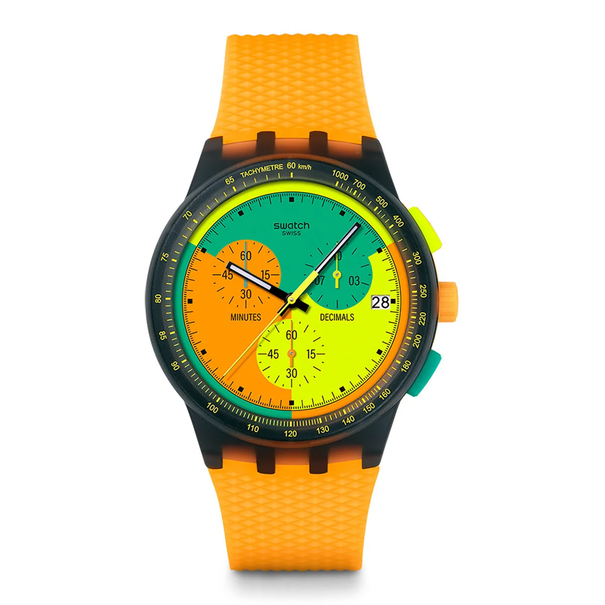 （左から）「スウォッチ ネオン シグナル フラッグ」ウォッチ〈ケース径42mm、クォーツ〉¥19,800