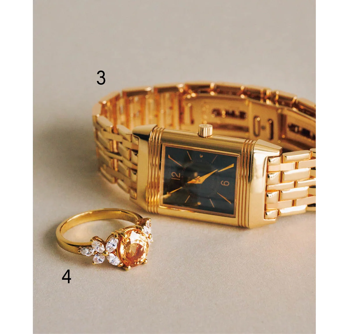 ジャーナリスト・本間恵子さんの私物である、ジャガー・ルクルトのレベルソ、ヘソナイトガーネットのエンゲージリング