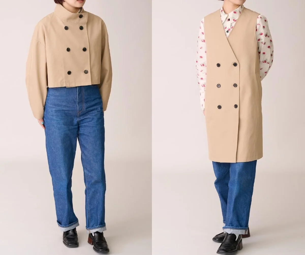 キャストコロンのマルチウェイコート 、(左)ショートコートのみ着用の場合(右)ジレのみ着用の場合
