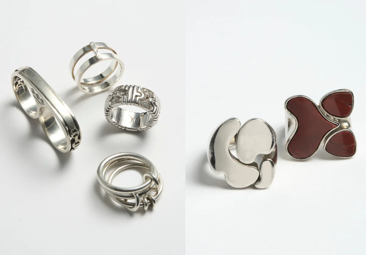 ホワイトゴールドにダイヤモンドをあしらったブルガリのパレンテシに、レポシのベルベル、ホーセンブースのピンキーやニコロ・パスカレッティのシルバーを合わせる