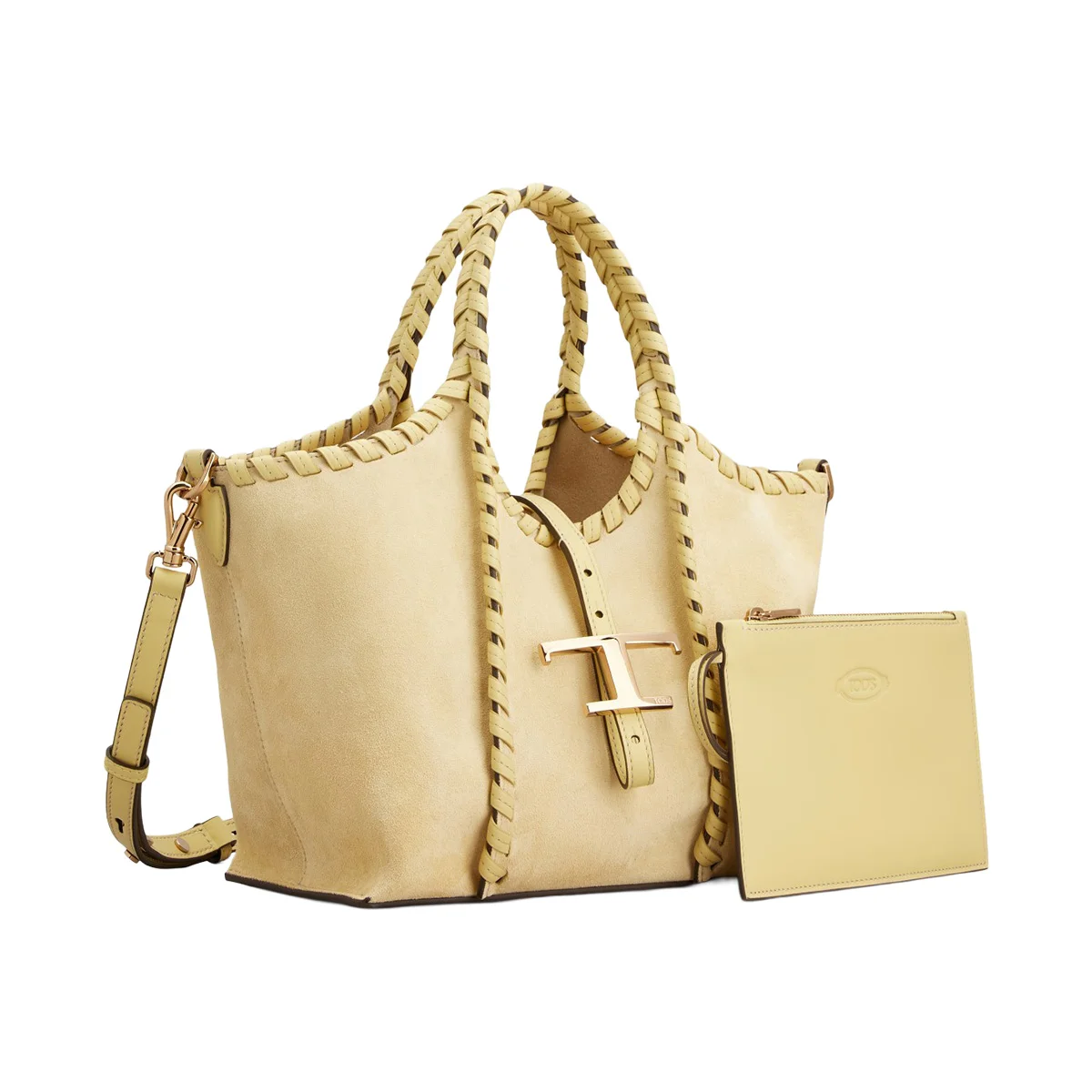 トッズの「T タイムレス」ショッピングバッグのミニサイズ。取り外せるショルダーストラップとレザーポーチ付き