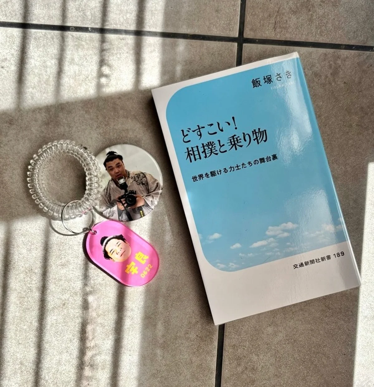 大相撲の本『どすこい！　相撲と乗り物』書影と相撲グッズ