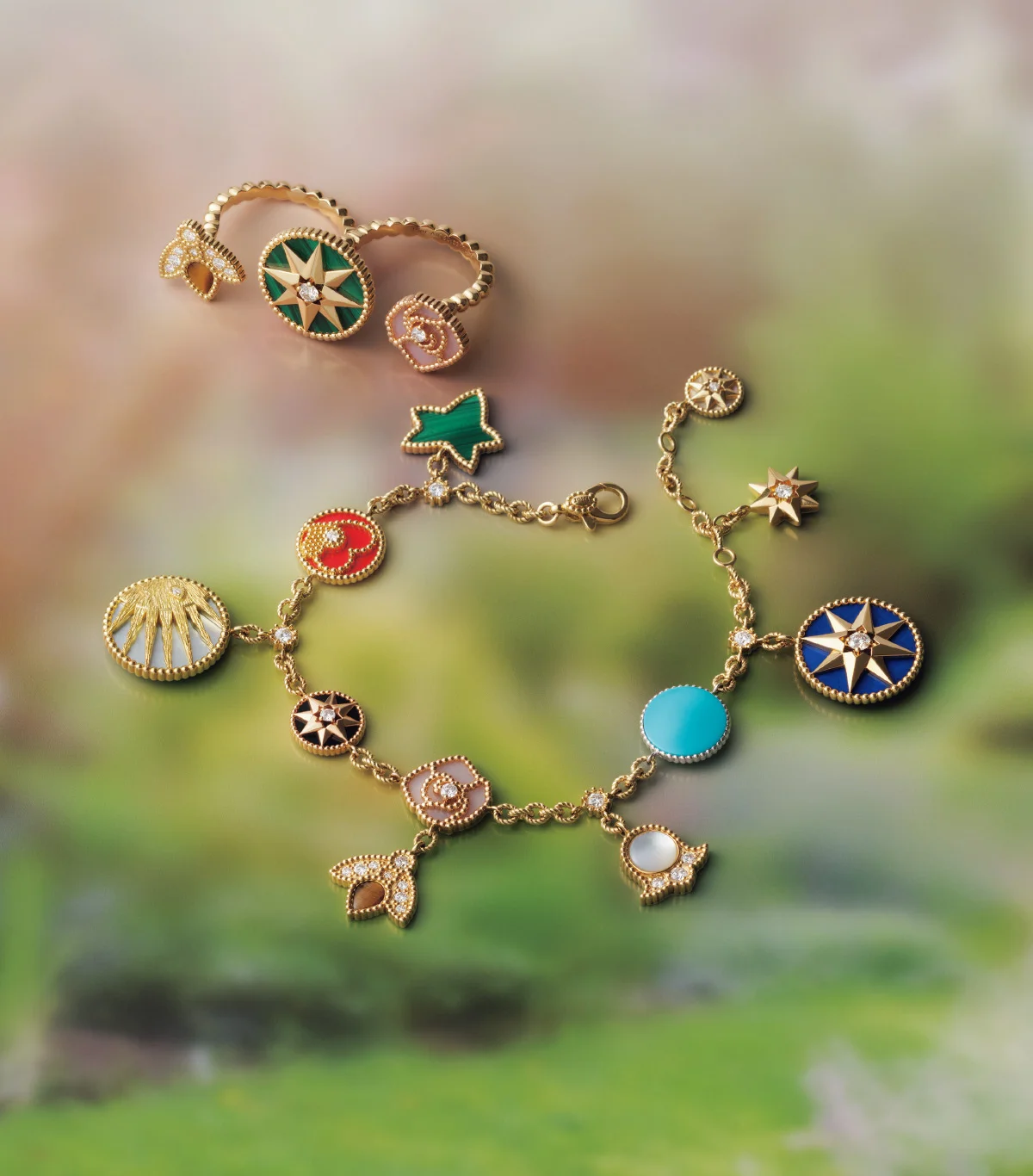 【ディオール】ローズ デ ヴァン　ピンクゴールド　イエローゴールド　ダイヤモンド　ピンクオパール　タイガーアイ　マラカイト