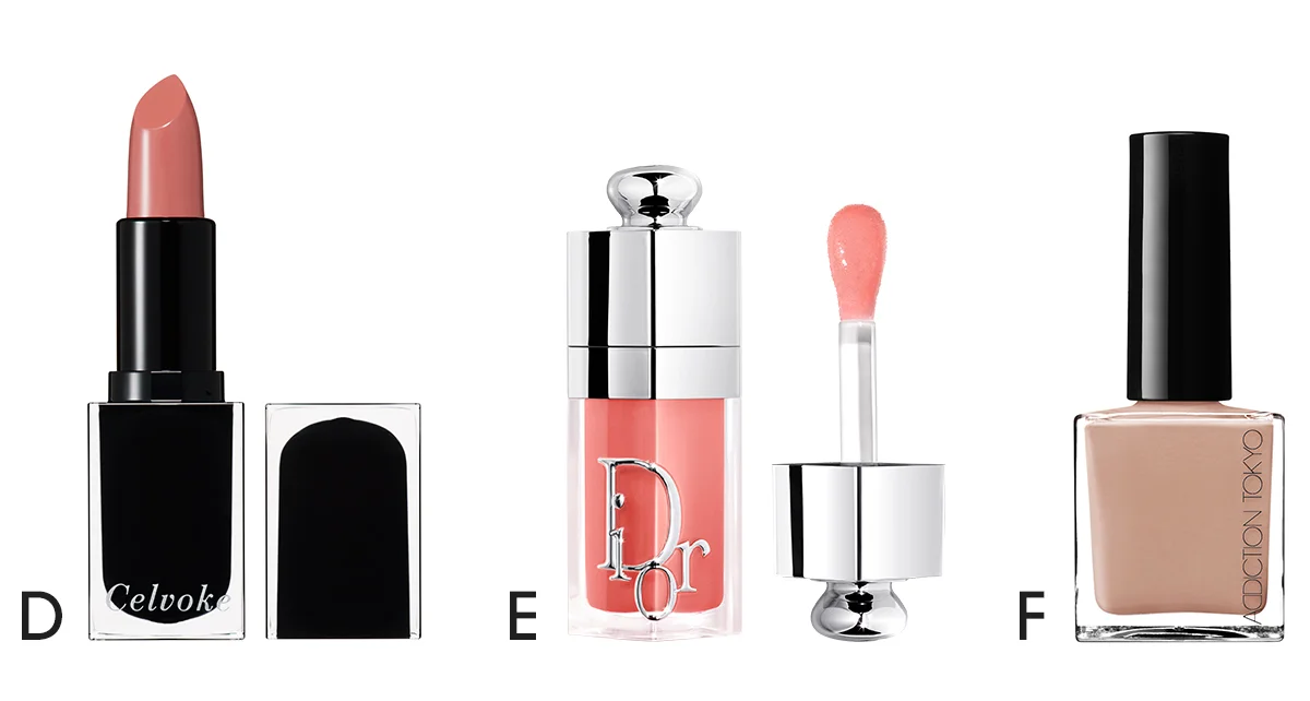 セルヴォーク ルージュ オー ミューテッドグロウ 08／ディオール アディクト リップ グロウ オイル 012／アディクション ザ ネイルポリッシュ + 047Cの切り抜き画像