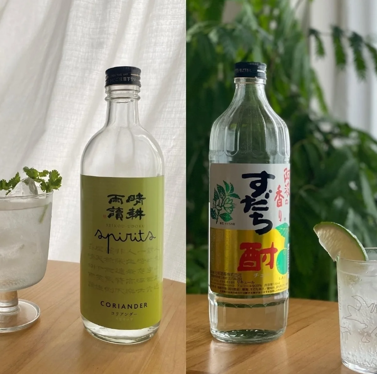 左から、「阿波の香り  すだち酎」「晴耕雨読クラフトスピリッツ コリアンダー」