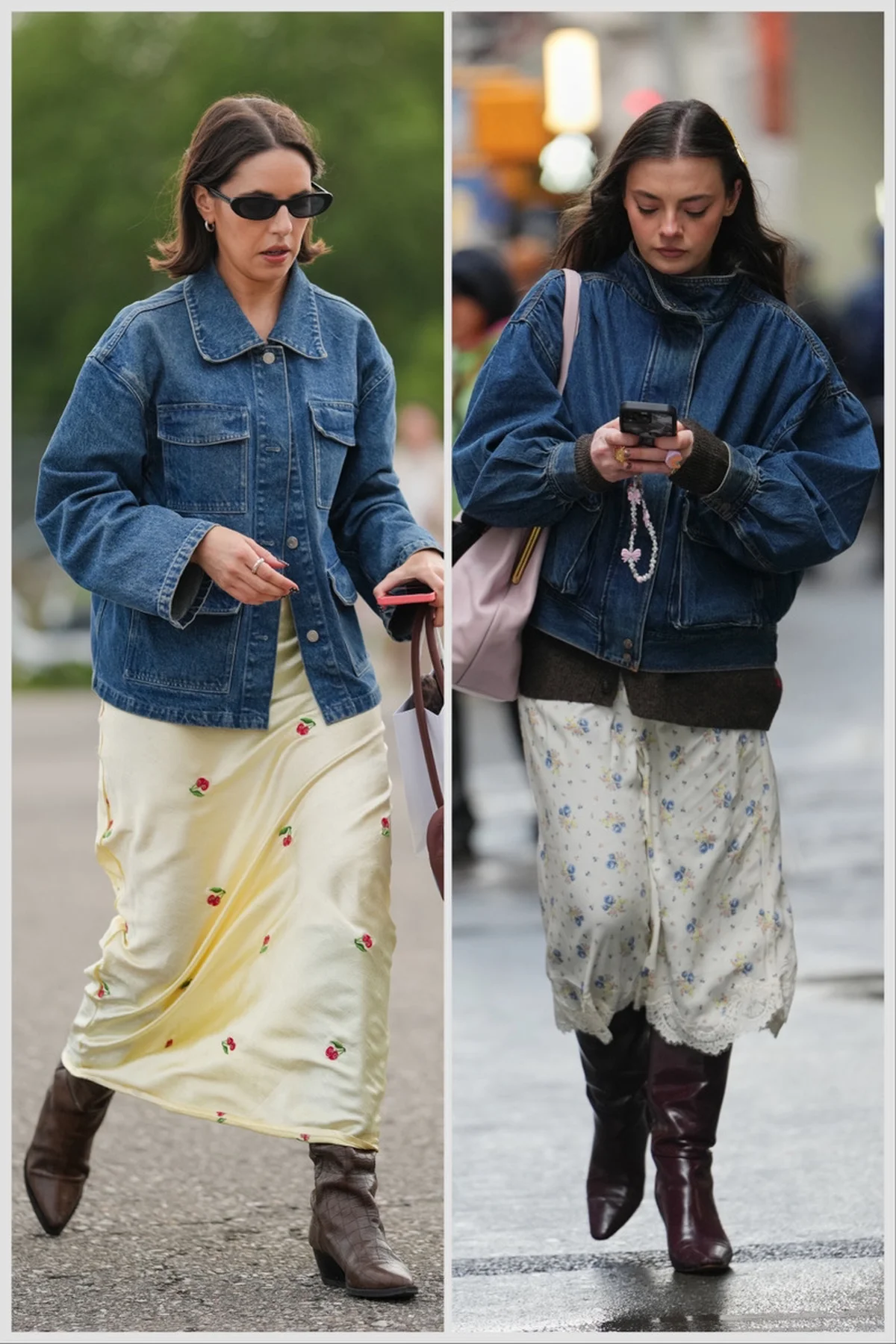 ガーリーなスカートと合わせたデニムジャケットのスタイリング