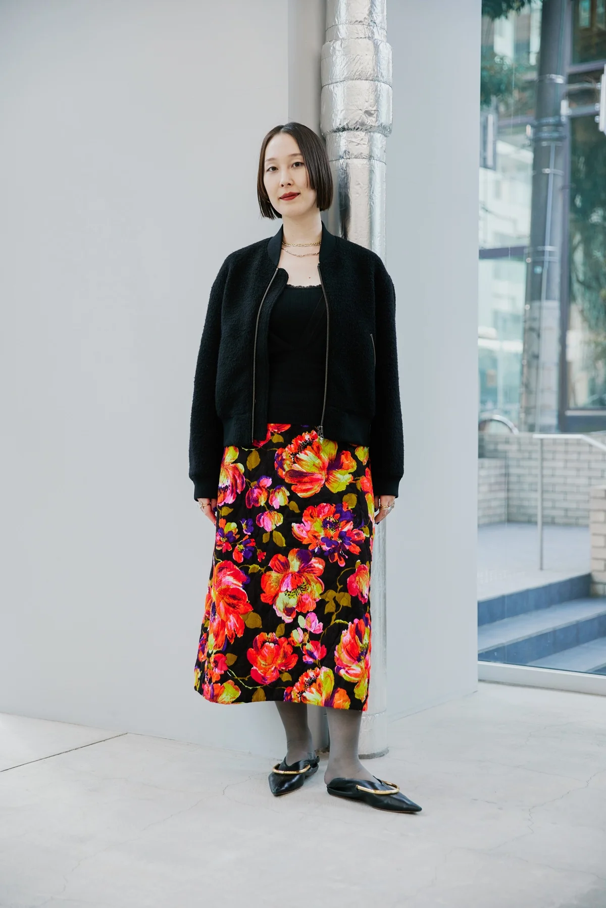 MUJI Laboウール混ナッピングショートブルゾン。スタイリストの全身コーディネート