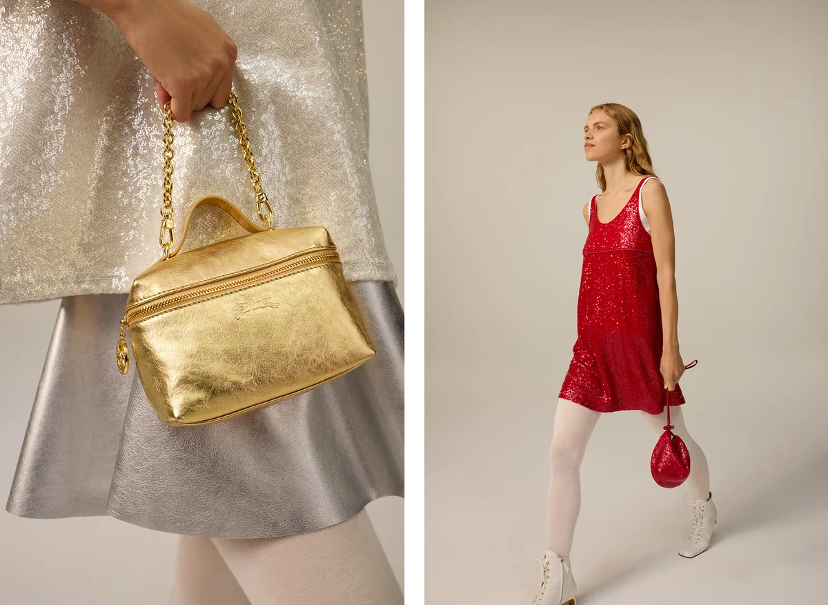ロンシャンの「ル プリアージュ® エクストラ ゴールド」クロスボディバッグと、「ル ロゾ スパークリング」クラッチ