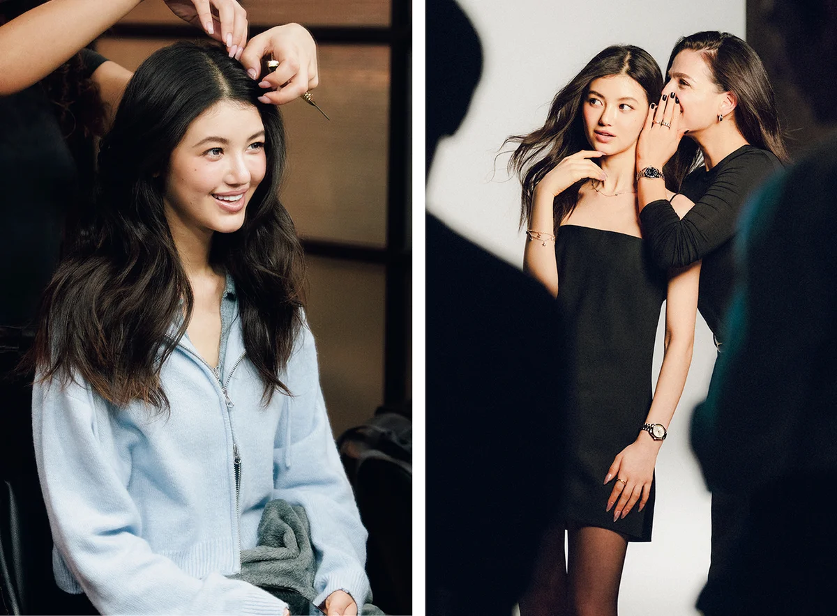 （左）ヘア＆メイクアップ中のDANIELLE （NewJeans）・（右）ビジュアル撮影中に、俳優マリサ・アベラとツーショット