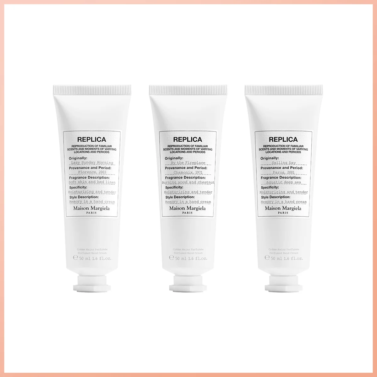 レプリカ ハンドクリーム（左から）レイジーサンデーモーニング、バイ ザ ファイヤープレイス、セーリングデイ