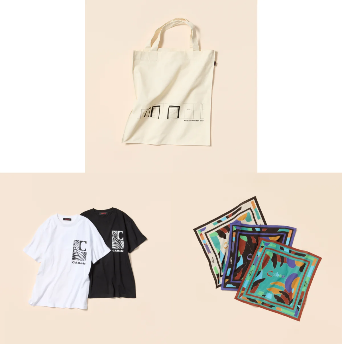 ギャラリー キャバン数量限定ノベルティアイテムのTシャツ、トートバッグ、スカーフ