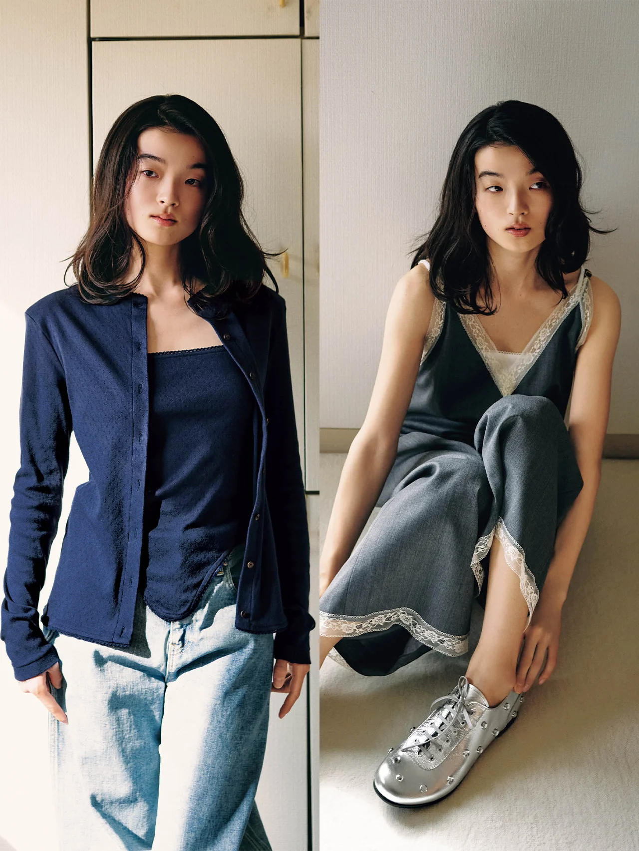 体がきれいに見える【pan】のカーディガン＆キャミソール、スタイリングの主役にしたい【LACADE（ラカド）】のシルバーシューズ ｜ SPURSHOP３月の新作