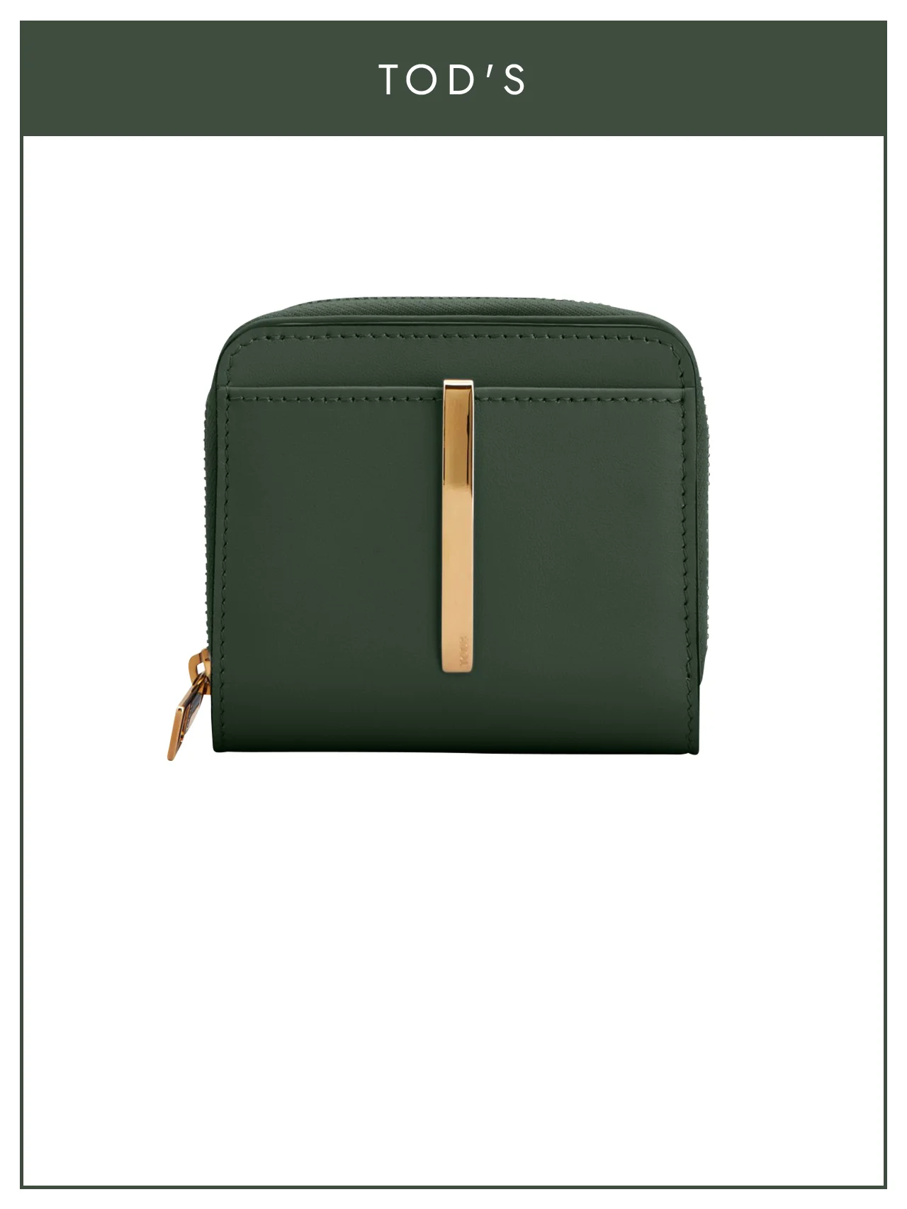【トッズ】の財布。深いダークグリーンにバレッタ メタルが輝く、大人のウォレット