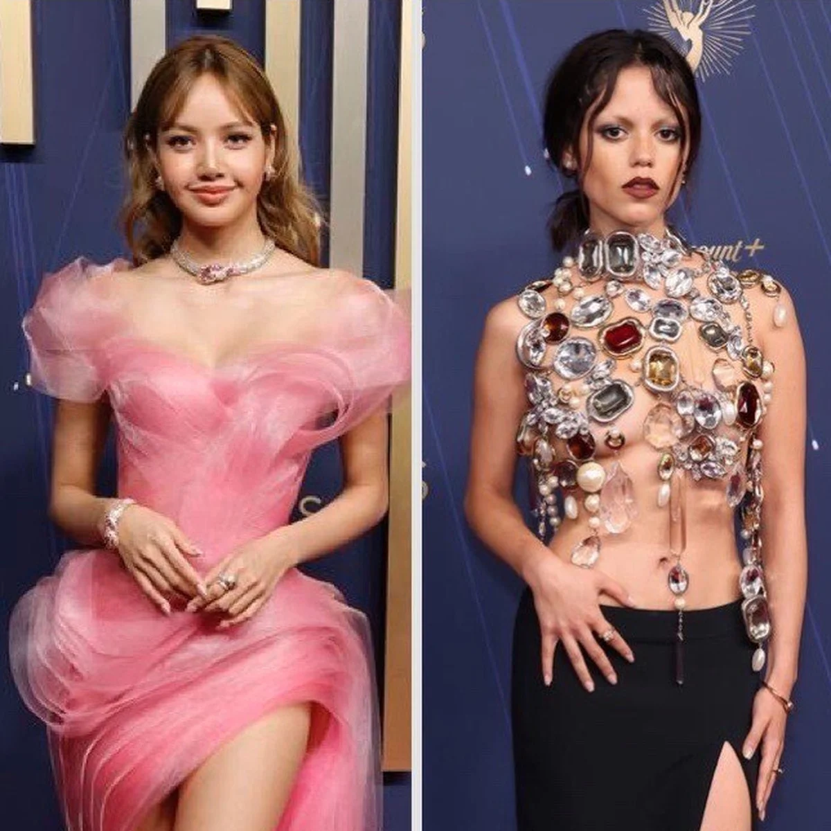 LISAはドリーミーなピンクドレス、ジェナ・オルテガはビジュー煌めくネイキッドトップスを纏って。2025年エミー賞授賞式に集結したスター23名の装いを一挙公開