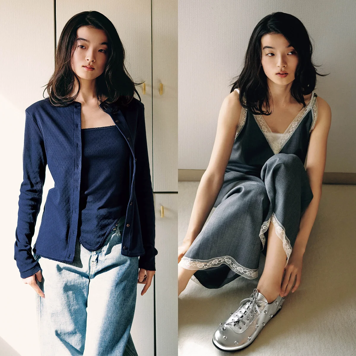 体がきれいに見える【pan】のカーディガン＆キャミソール、スタイリングの主役にしたい【LACADE（ラカド）】のシルバーシューズ ｜ SPURSHOP３月の新作