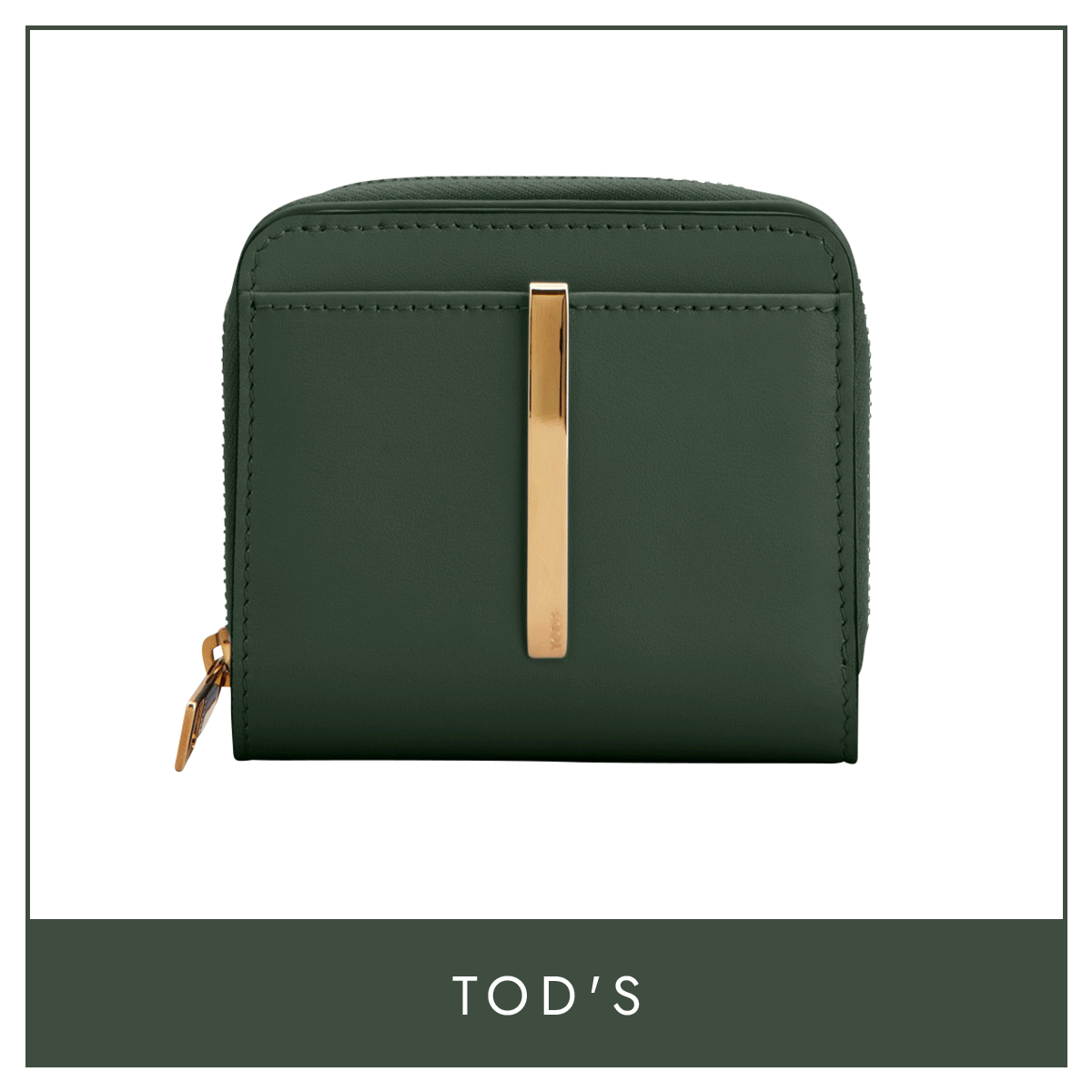 【トッズ】の財布。深いダークグリーンにバレッタ メタルが輝く、大人のウォレット