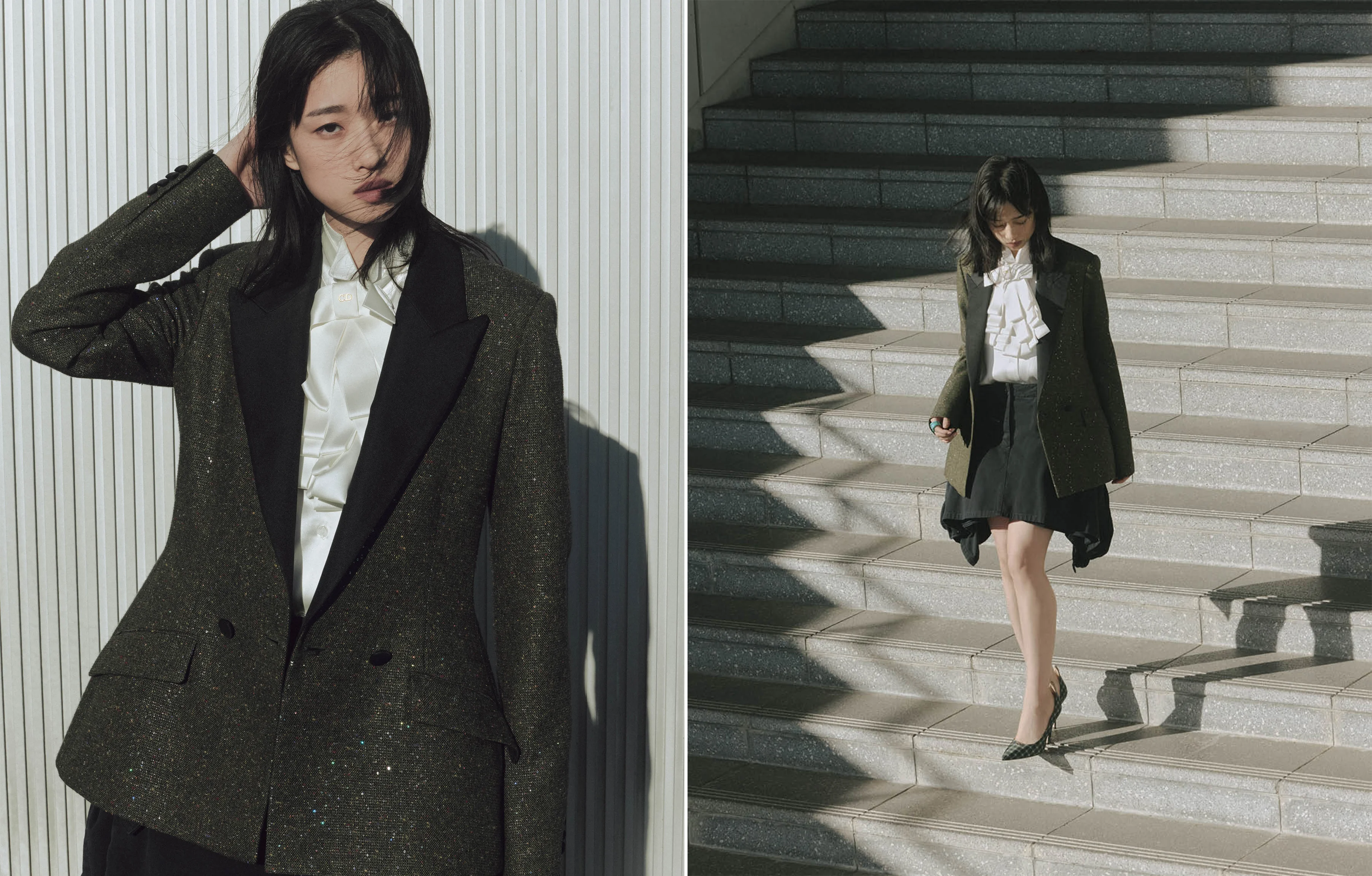 ジャケット￥800,000（予定価格）・ブラウス￥270,000（参考価格）・スカート￥620,000（予定価格）・リング￥84,000（予定価格）・パンプス￥160,000（参考価格）・ボウタイ（参考商品）／クリスチャン ディオール（ディオール）