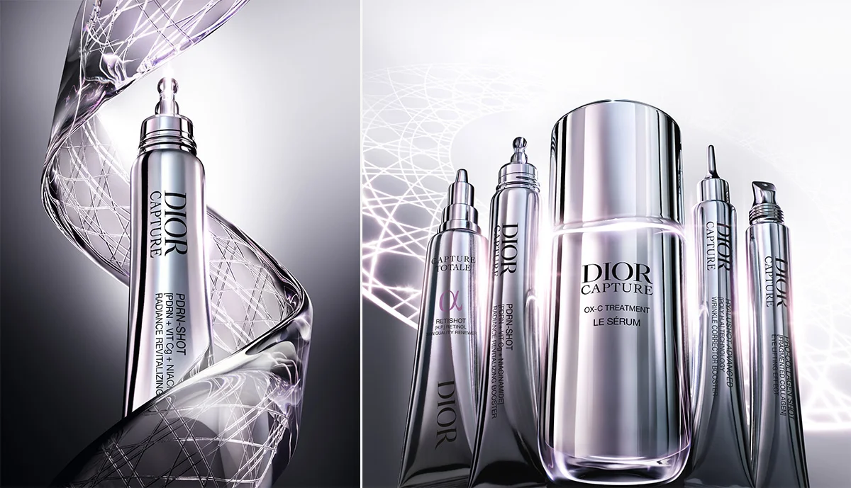（左の写真）カプチュール PDR-CNショット 20ml ￥12,980 （右の写真、左から）カプチュール トータル レチショット 20ml ￥15,620・ディオール カプチュール PDR-CNショット 20ml ￥12,980・ディオール カプチュール ル セラム 30ml ￥17,270・ディオール カプチュール ヒアルショット アドバンスト 15ml ￥12,980・ディオール カプチュール プロ コラジェンショット 15ml ￥12,980／パルファン・クリスチャン・ディオール